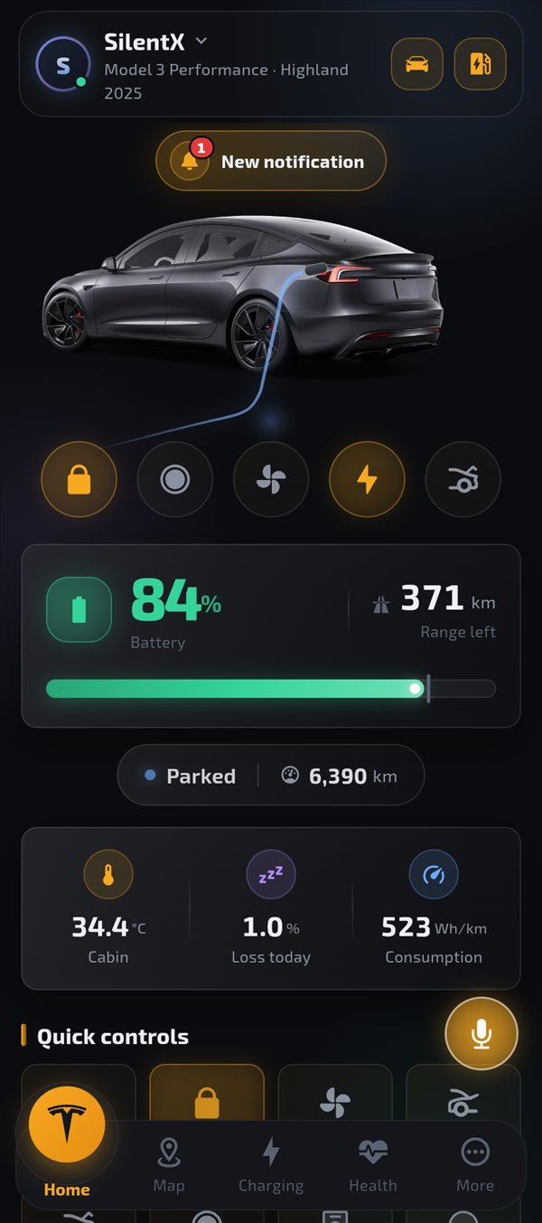 TeslaX app home screen
